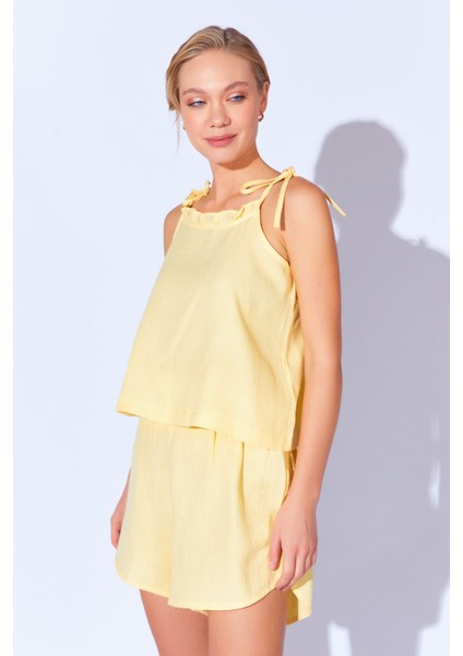 Sarı Pamuk Müslin Yıkamalı Şort Atlet Rahat Kesim Kadın Pijama Takımı | Mkw179977-01