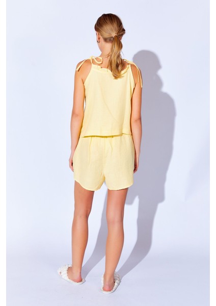 Sarı Pamuk Müslin Yıkamalı Şort Atlet Rahat Kesim Kadın Pijama Takımı | Mkw179977-01 indirimleri
