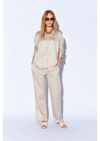 Bej Saten Palozzo Kesim Beli Lastikli Kadın Pantalon EE10009594