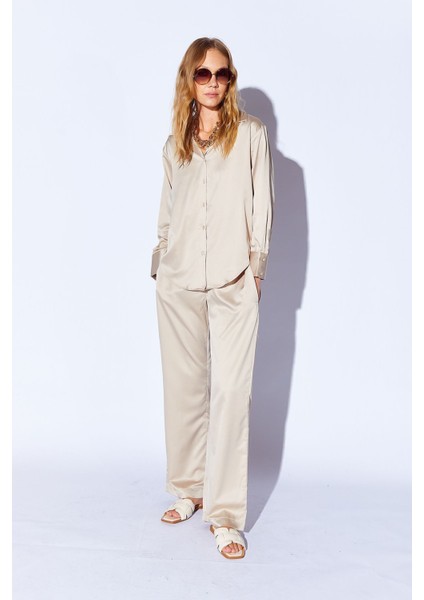 Bej Saten Palozzo Kesim Beli Lastikli Kadın Pantalon EE10009594