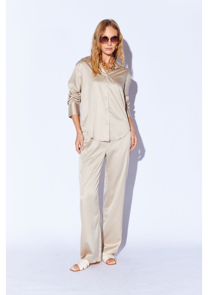 Bej Saten Palozzo Kesim Beli Lastikli Kadın Pantalon EE10009594