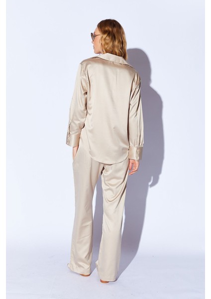 Bej Saten Palozzo Kesim Beli Lastikli Kadın Pantalon EE10009594
