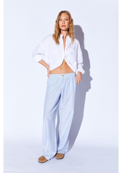 Mavi Çizgili Rahat Kesim Beli Lastikli Pamuklu Kadın Pijama Pantalon EE10009608 modelleri