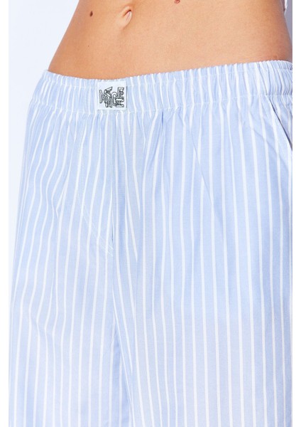 Mavi Çizgili Rahat Kesim Beli Lastikli Pamuklu Kadın Pijama Pantalon EE10009608 fırsatları