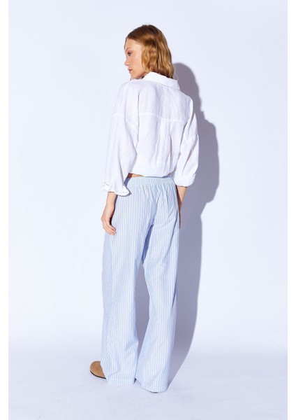 Mavi Çizgili Rahat Kesim Beli Lastikli Pamuklu Kadın Pijama Pantalon EE10009608 indirimleri