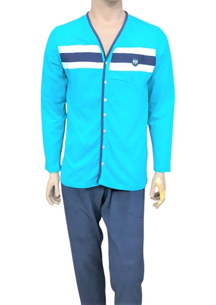 -8122-ERKEK Önden Açık Uzun Kol Pijama Takımı-Türkuaz