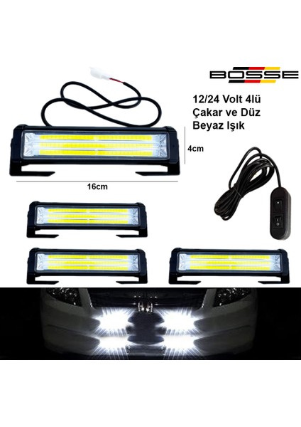 Araç Panjur Arası Çakar LED Off Road Çakar Lamba 4 Adet 2 Fonk. Düz ve Çakar Beyaz 12 24 Volt