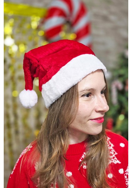 Kalın Kadife Yılbaşı Şapkası Noel Baba Şapkası Lüks Ucu Ponponlu Kalın