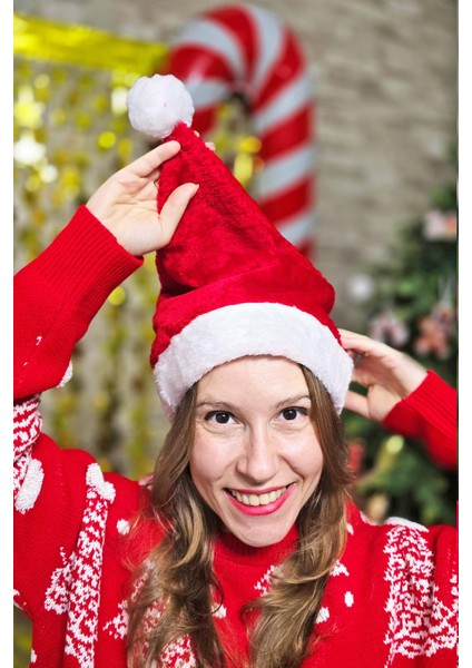 Kalın Kadife Yılbaşı Şapkası Noel Baba Şapkası Lüks Ucu Ponponlu Kalın fırsatları