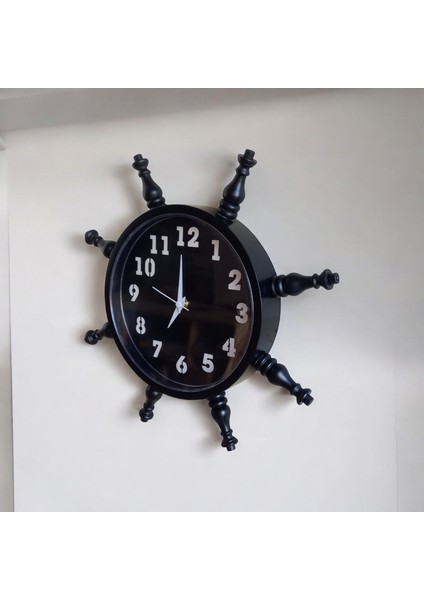 Ahşap Gemici Dümen Duvar Salon Ofis Saati Çap 36 cm Siyah