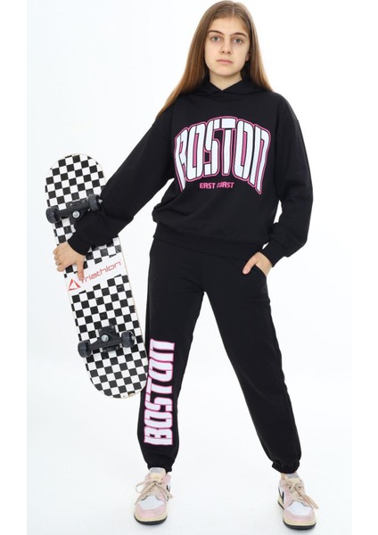 Siyah Boston Yazılı Kapüşonlu Kız Çocuk Eşofman Takımı 19757