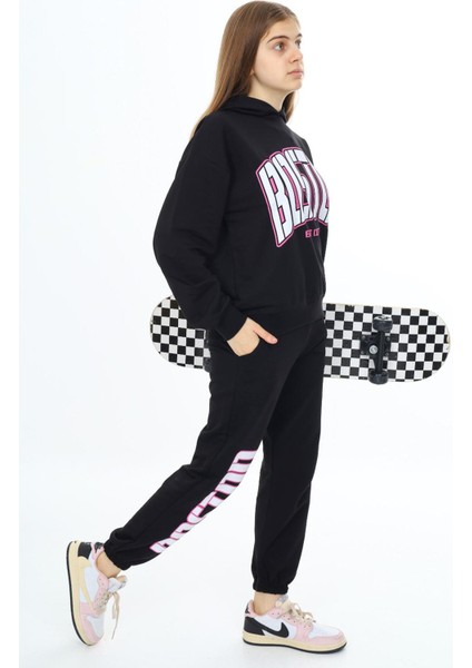 Siyah Boston Yazılı Kapüşonlu Kız Çocuk Eşofman Takımı 19757 fiyatları
