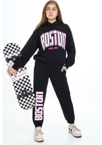 Siyah Boston Yazılı Kapüşonlu Kız Çocuk Eşofman Takımı 19757 modelleri
