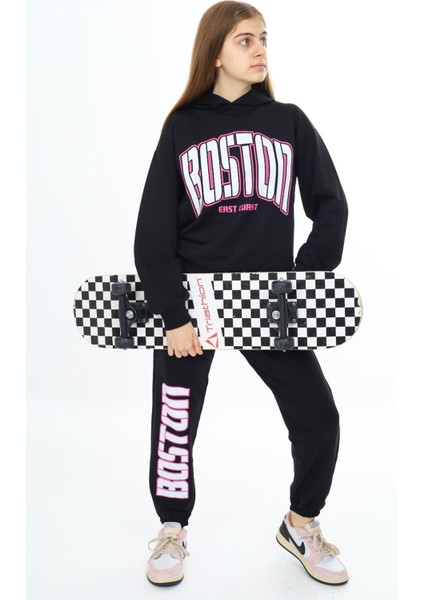 Siyah Boston Yazılı Kapüşonlu Kız Çocuk Eşofman Takımı 19757 fırsatları
