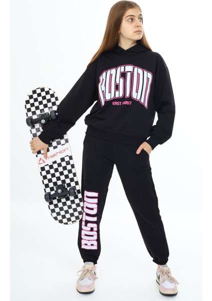 Siyah Boston Yazılı Kapüşonlu Kız Çocuk Eşofman Takımı 19757 indirimleri