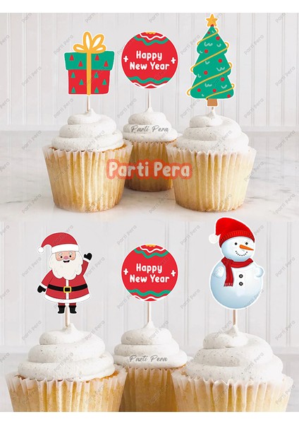 Parti Pera Yılbaşı Noel Baba Kardan Adam Mutlu Yıllar Yazılı Şekilli Pasta Cupcake Kürdan Süsü 15 adet