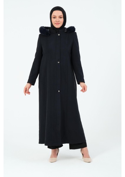 Çakıl Kadın Büyük Beden Astarlı Tesettür Kapüşonlu Düğmeli Kaşe Manto fiyatları