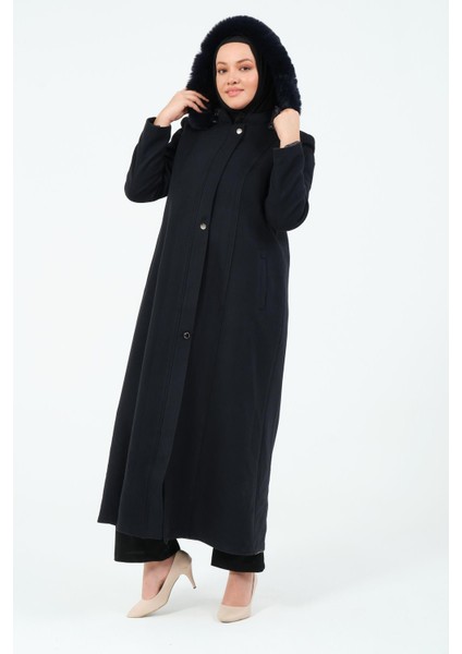 Çakıl Kadın Büyük Beden Astarlı Tesettür Kapüşonlu Düğmeli Kaşe Manto fırsatları