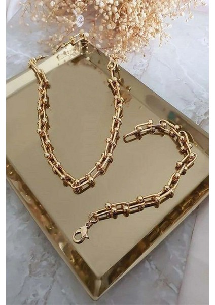 Alaçatı Accesories Gold Kaplama Lüx Tiffany Blanca Model Kalın Zincir Kolye ve Bileklik