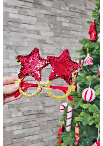 Yılbaşı Parti Gözlüğü Pullu Yıldız Şekilli Kırmızı Gold Pullu Gözlük