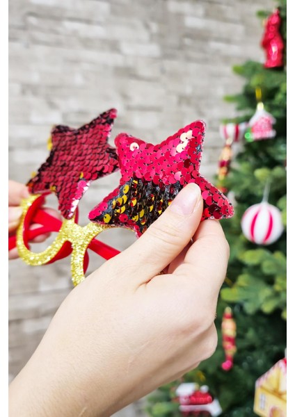 Yılbaşı Parti Gözlüğü Pullu Yıldız Şekilli Kırmızı Gold Pullu Gözlük modelleri