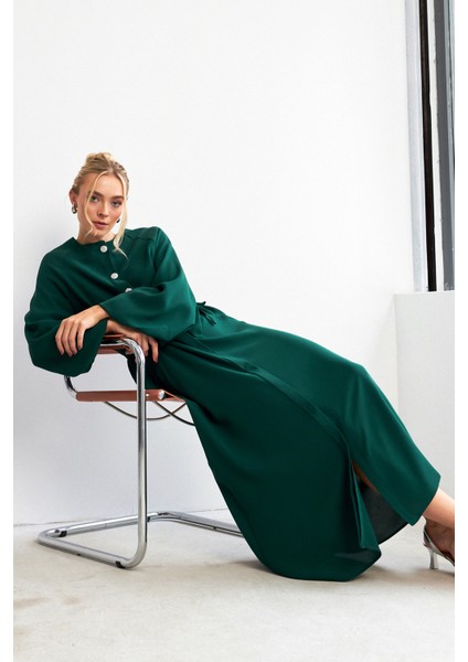 Balon Kol Düğmeli Abaya Elbise - Zümrüt fiyatları