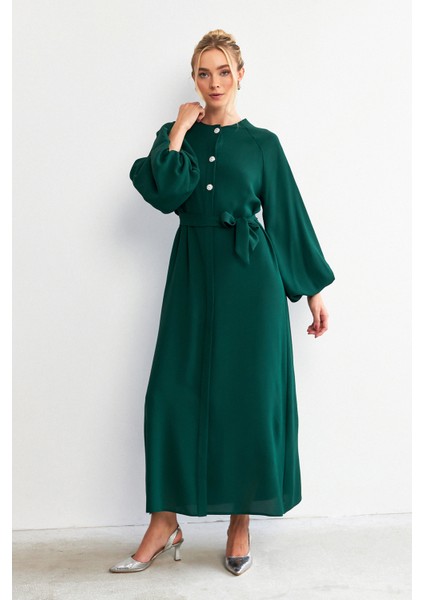Balon Kol Düğmeli Abaya Elbise - Zümrüt modelleri