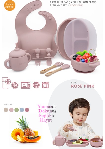 Pumpkin 11 Parça Full Bebek Beslenme Seti, Mama Seti Bpa Free, Doğal Silikon - Rose Pink