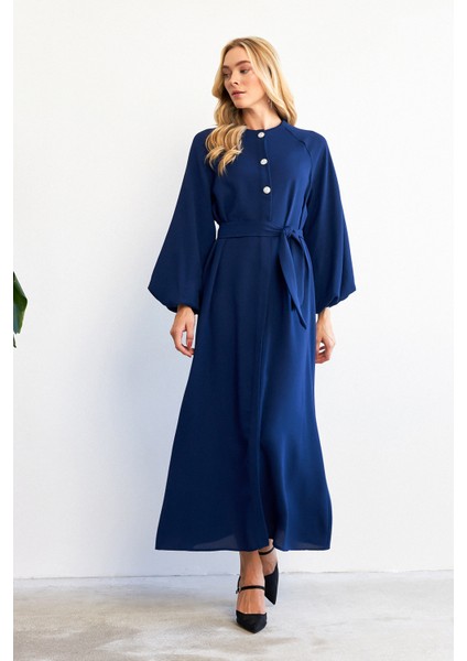 Balon Kol Düğmeli Abaya Elbise - Indigo