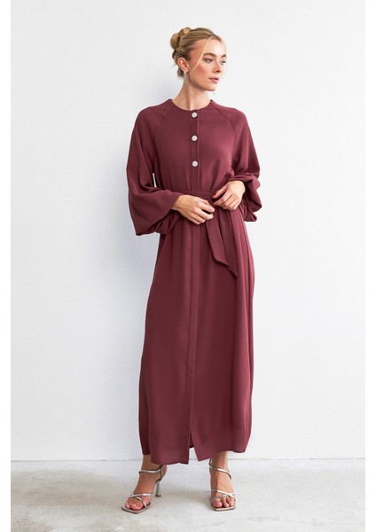 Balon Kol Düğmeli Abaya Elbise - Gül Kurusu modelleri