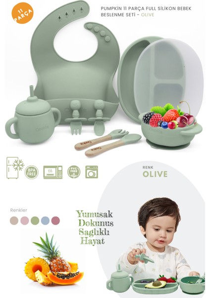 Pumpkin 11 Parça Full Bebek Beslenme Seti, Mama Seti Bpa Free, Doğal Silikon - Olive