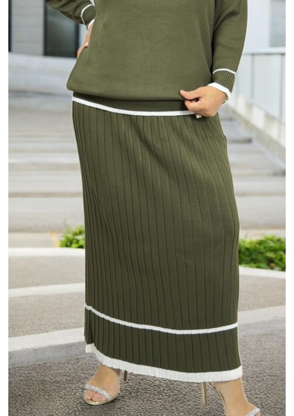 Şerit Detaylı V Yaka Uzun Kol Esnek Bluz Beli Lastikli Pileli Etek Büyük Beden Ikili Triko Takım fiyatları