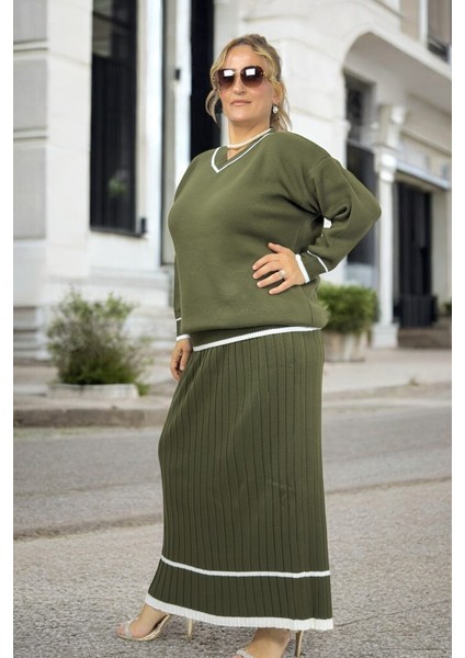 Şerit Detaylı V Yaka Uzun Kol Esnek Bluz Beli Lastikli Pileli Etek Büyük Beden Ikili Triko Takım fırsatları