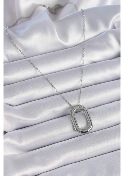 316L Çelik Zincir Gümüş Renk Zirkon Taşlı Oval Halka Model Kadın Kolye fiyatları