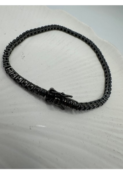 Siyah Rodajlı Taşlı Gümüş Su Yolu Unisex Bileklik