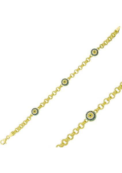 ​925 Ayar Gümüş Gold Sosyete Gözlü Zincir Bileklik