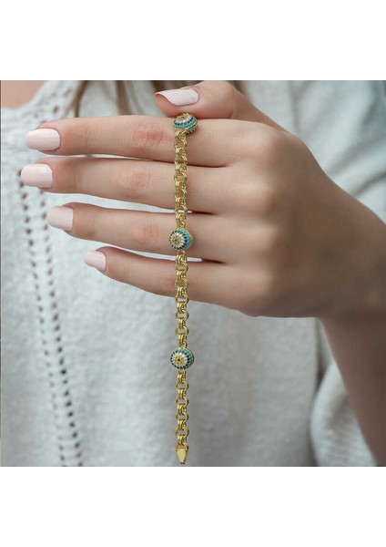 ​925 Ayar Gümüş Gold Sosyete Gözlü Zincir Bileklik fırsatları