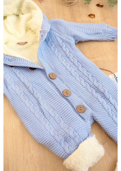 Erkek Bebek Triko Kışlık Mavi Tulum Mont Tavşan Kapşonlu STL6823