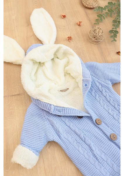 Erkek Bebek Triko Kışlık Mavi Tulum Mont Tavşan Kapşonlu STL6823
