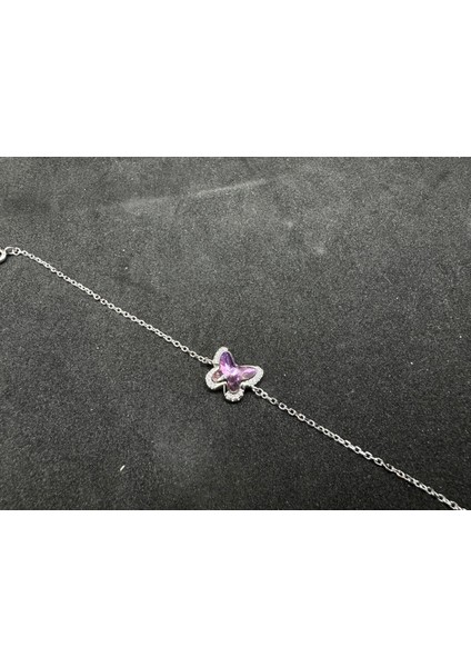 Parlak Mor Taşlı Kelebek Model Gümüş Bileklik