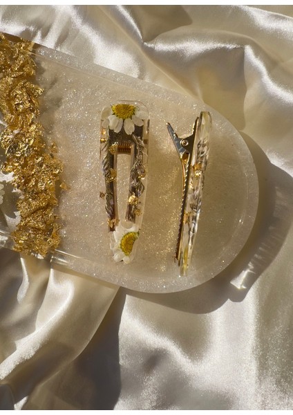 Kurutulmuş Papatyadan Tasarım Gold Saç Tokası, Ikili fiyatları