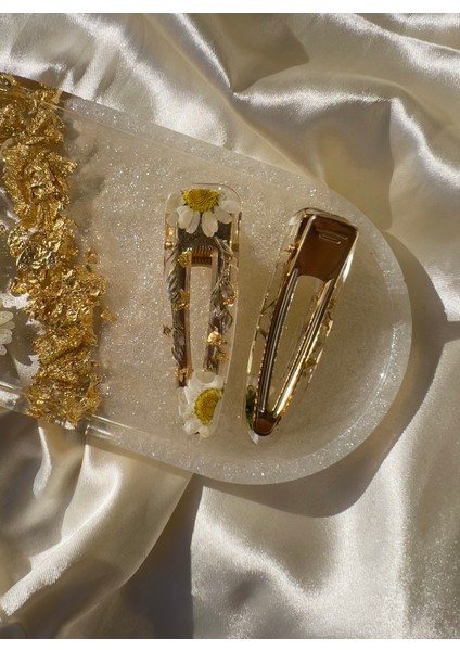 Kurutulmuş Papatyadan Tasarım Gold Saç Tokası, Ikili modelleri