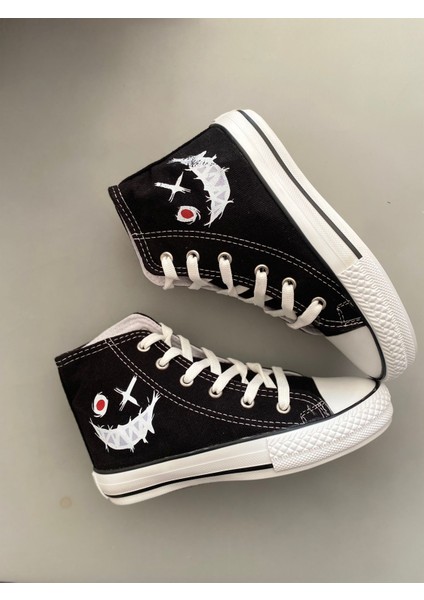 Gülen Yüz Baskılı Siyah Uzun Keten Sneaker Spor Ayakkabı