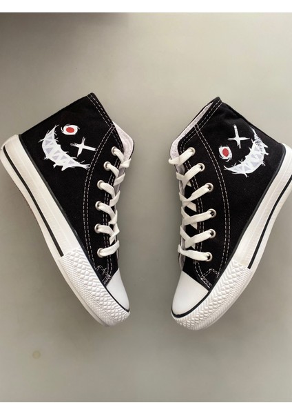Gülen Yüz Baskılı Siyah Uzun Keten Sneaker Spor Ayakkabı