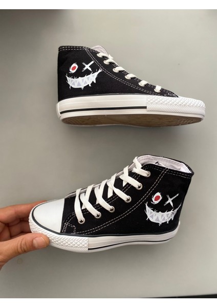 Gülen Yüz Baskılı Siyah Uzun Keten Sneaker Spor Ayakkabı