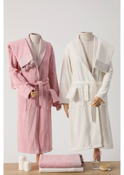 Nurpak Safir Pamuklu Aile Bornoz Seti - Krem - Gül Kurusu