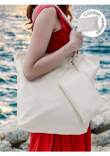 Cüzdan Hediyeli Kadın Plaj Çantası - Krem fiyatları