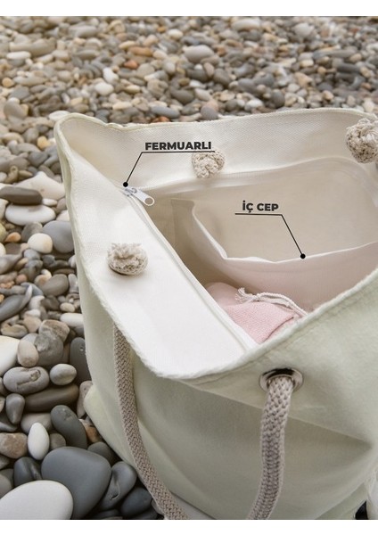 Cüzdan Hediyeli Kadın Plaj Çantası - Krem modelleri