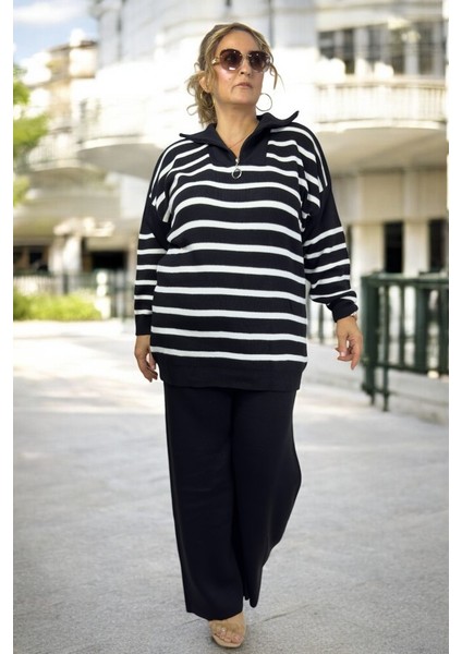 Önden Yarım Fermuarlı Çizgili Desenli % 100 Akrilik Kumaş Büyük Beden Alt Üst Takım