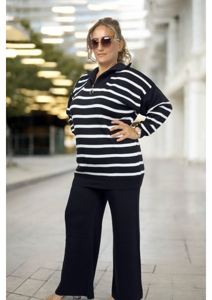 Önden Yarım Fermuarlı Çizgili Desenli % 100 Akrilik Kumaş Büyük Beden Alt Üst Takım fiyatları